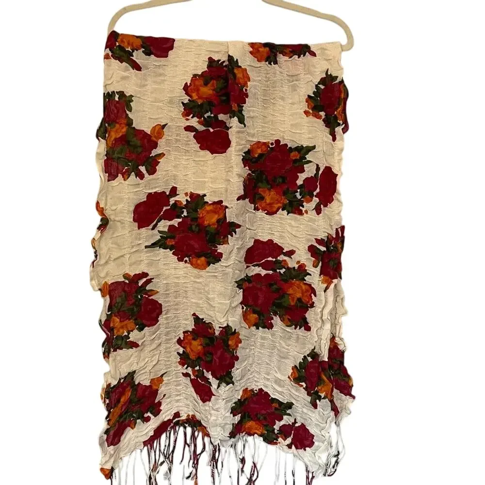 Mark Burgundy Red Floral Scarf / Wrap, Ruched, Fringe, Boho, 20 x 53